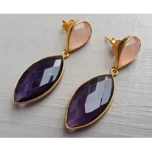 Gold plated earrings with marquise Amethyst and pink Chalcedony