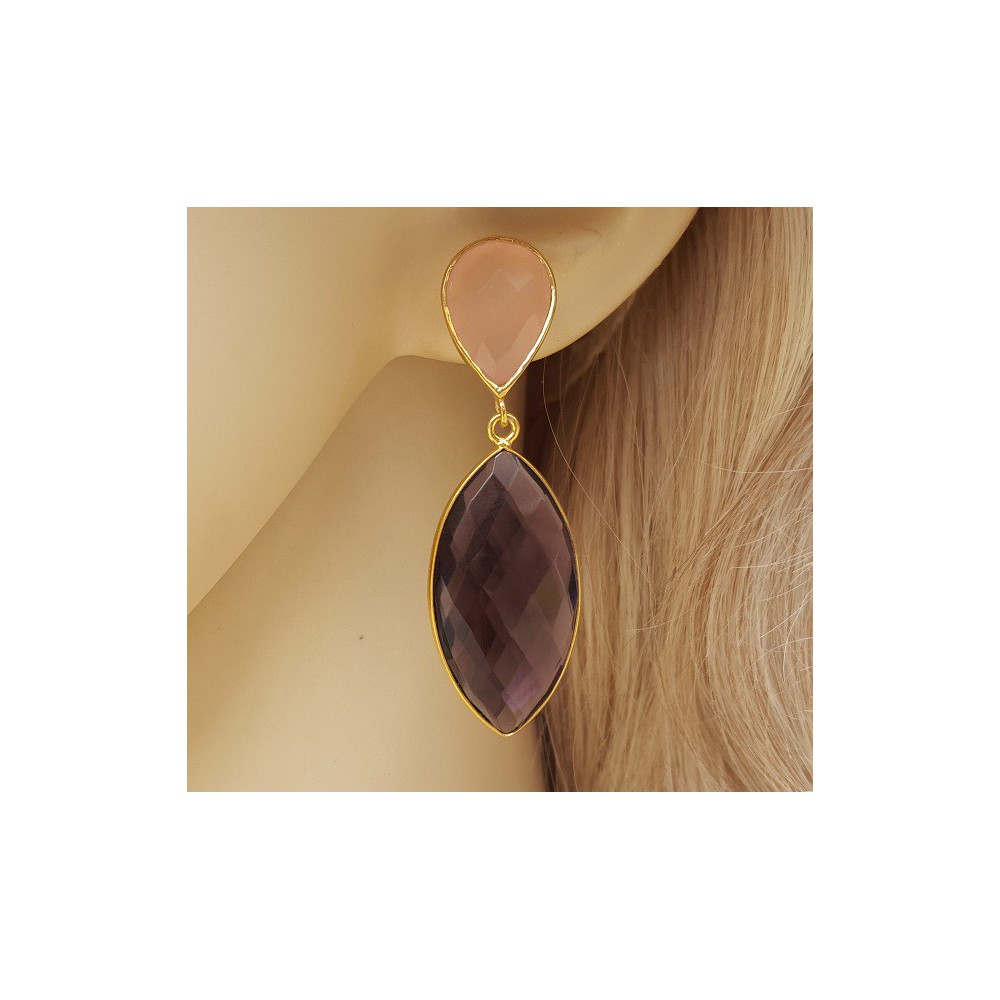 Gold plated earrings with marquise Amethyst and pink Chalcedony