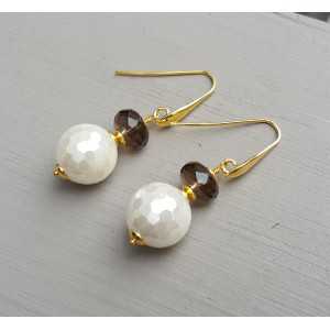 Gold plated earrings with sphere of mother of Pearl and Smokey Topaz bolt