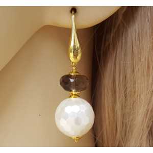 Gold plated earrings with sphere of mother of Pearl and Smokey Topaz bolt