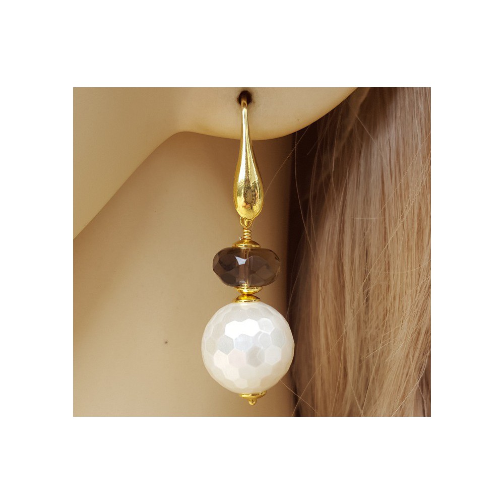 Gold plated earrings with sphere of mother of Pearl and Smokey Topaz bolt