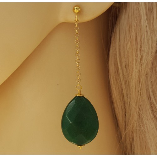 Goud vergulde oorbellen met Emerald groene Jade briolet