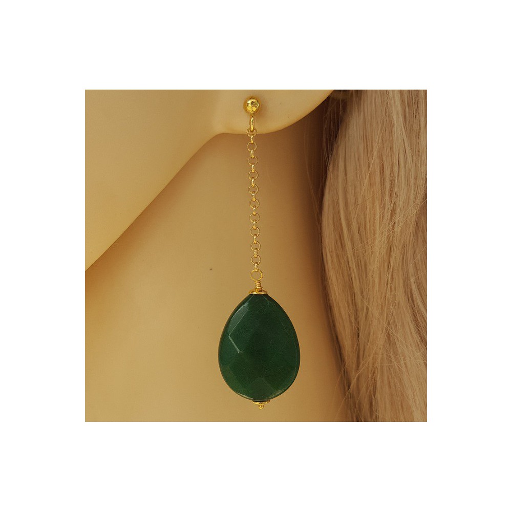 Gold plated earrings with Emerald green Jade briolet