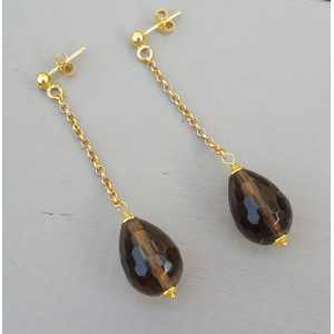 Gold plated long earrings with Smokey Topaz briolet