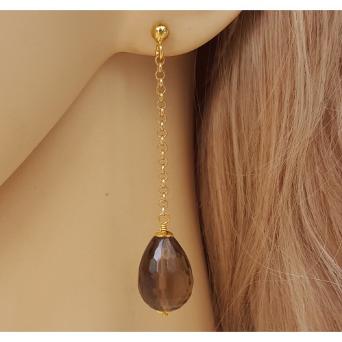 Goud vergulde lange oorbellen met Smokey Topaas briolet