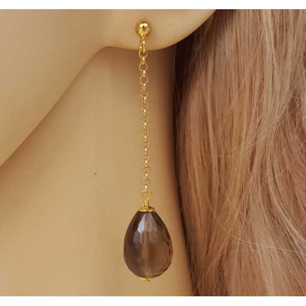 Gold plated long earrings with Smokey Topaz briolet