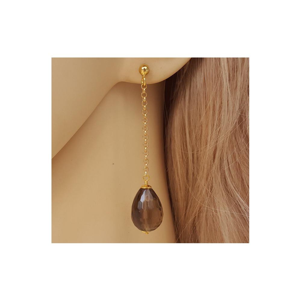 Gold plated long earrings with Smokey Topaz briolet