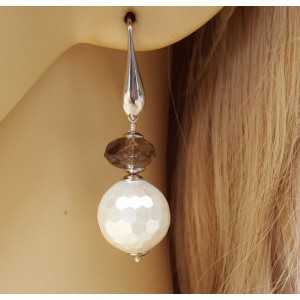 Silver earrings with sphere of mother of Pearl and Smokey Topaz bolt 