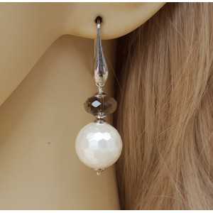 Silver earrings with sphere of mother of Pearl and Smokey Topaz bolt 