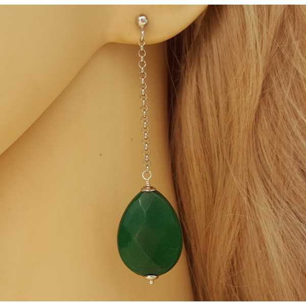 Silver earrings with Emerald green Jade briolet