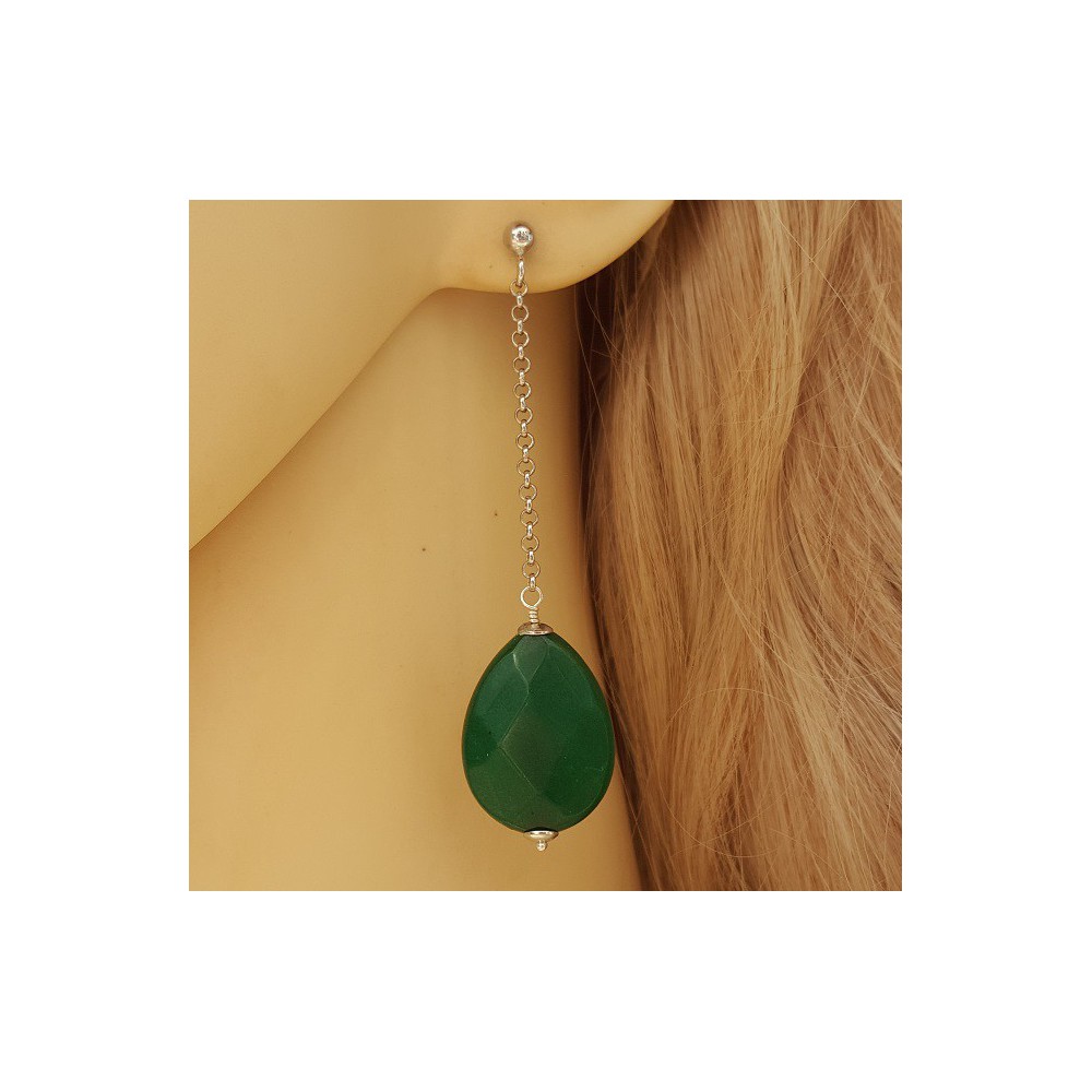 Silver earrings with Emerald green Jade briolet