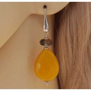 Silver earrings with yellow Jade and Smokey Topaz