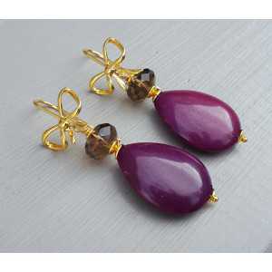 Gold plated earrings with purple Jade and Smokey Topaz