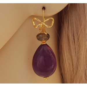 Gold plated earrings with purple Jade and Smokey Topaz