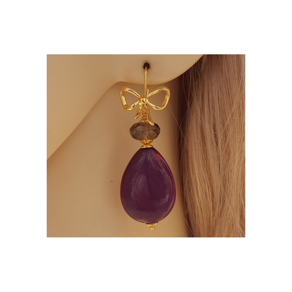 Gold plated earrings with purple Jade and Smokey Topaz