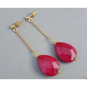 Vergoldet-lange Ohrringe mit Rubin-roten Jade-briolet