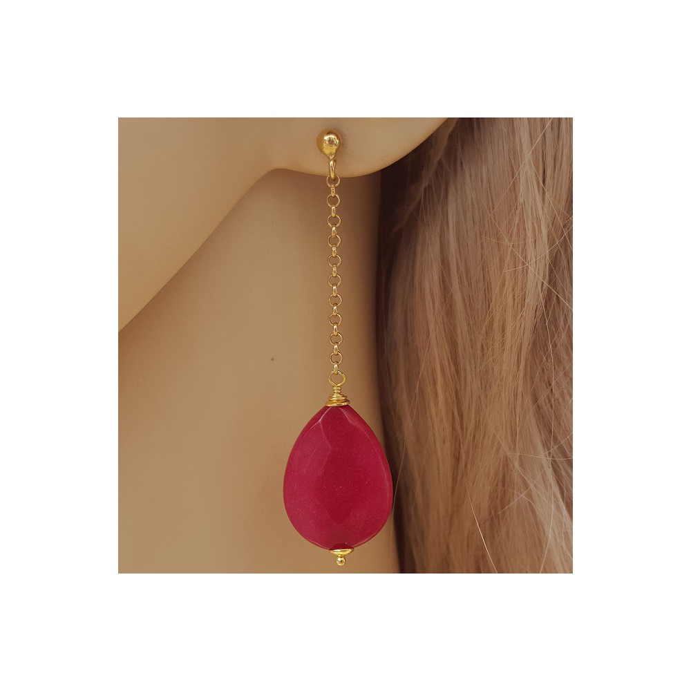 Gold plated long earrings with Ruby red Jade briolet