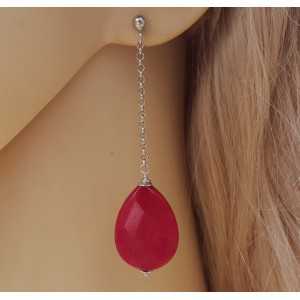 Silver long earrings with Ruby red Jade briolet