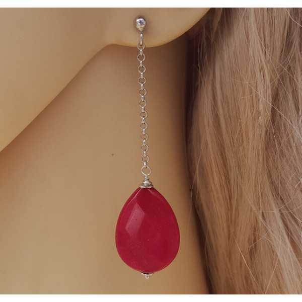 Silver long earrings with Ruby red Jade briolet
