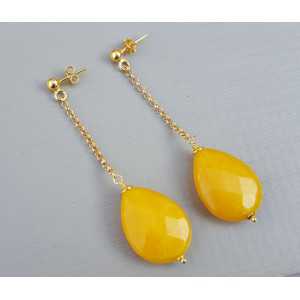 Gold plated long earrings with yellow Jade briolet
