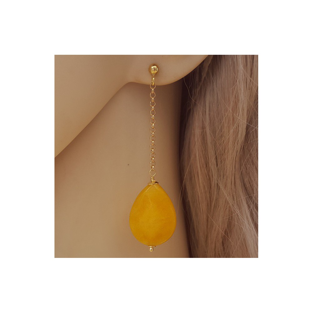 Gold plated long earrings with yellow Jade briolet