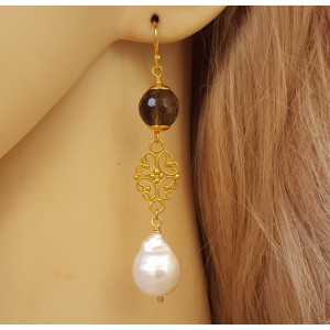 Gold plated earrings with Smokey Topaz and Pearl