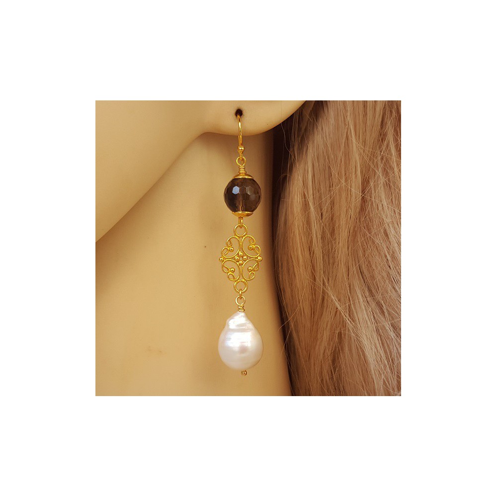 Gold plated earrings with Smokey Topaz and Pearl