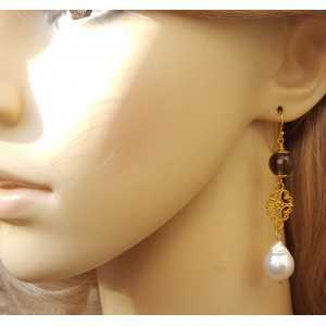 Gold plated earrings with Smokey Topaz and Pearl