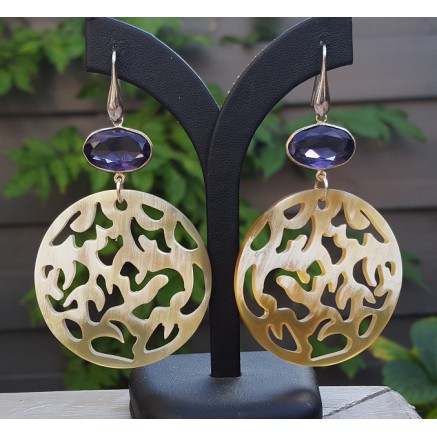 Zilveren oorbellen ronde uitgesneden Buffelhoorn en Amethist