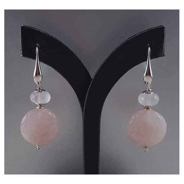 Silver earrings with faceted rose quartz and round rose quartz