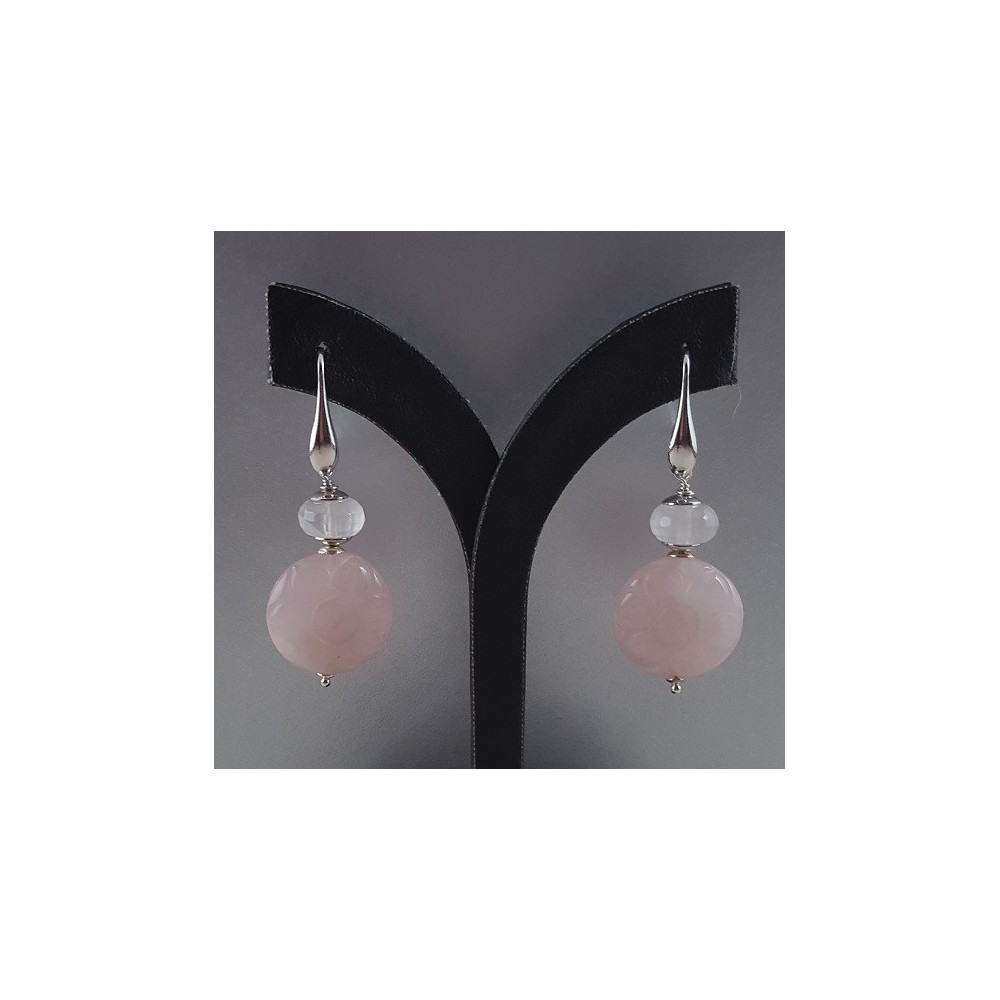 Silver earrings with faceted rose quartz and round rose quartz