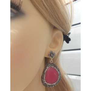 Zilveren oorbellen met roze Kattenoog en Swarovski kristallen