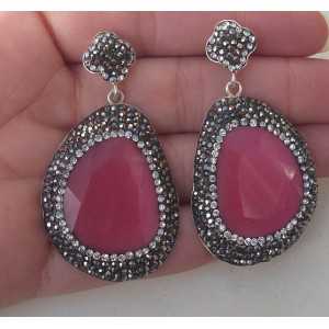 Zilveren oorbellen met roze Kattenoog en Swarovski kristallen 