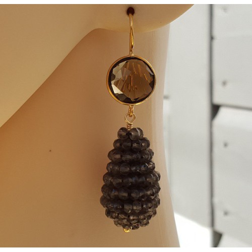 Vergulde oorbellen ronde Smokey en druppel van Smokey Topazen