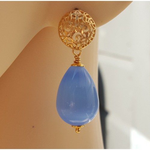 Oorbellen met blauwe Kattenoog briolet