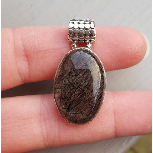 Zilveren edelsteenhanger ovale cabochon Toermalijnkwarts