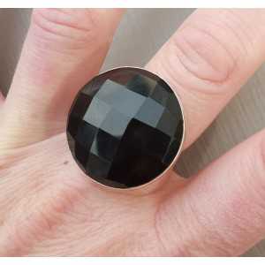 Silver ring set with round facet black Onyx 18 mm