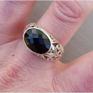 Zilveren ring gezet met dwarsliggende ovale Onyx 19 mm