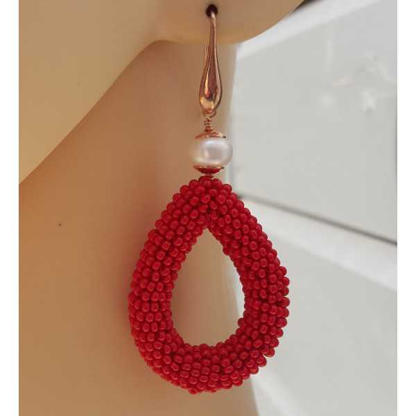 Earrings with freshwater Pearl and open drop of red beads
