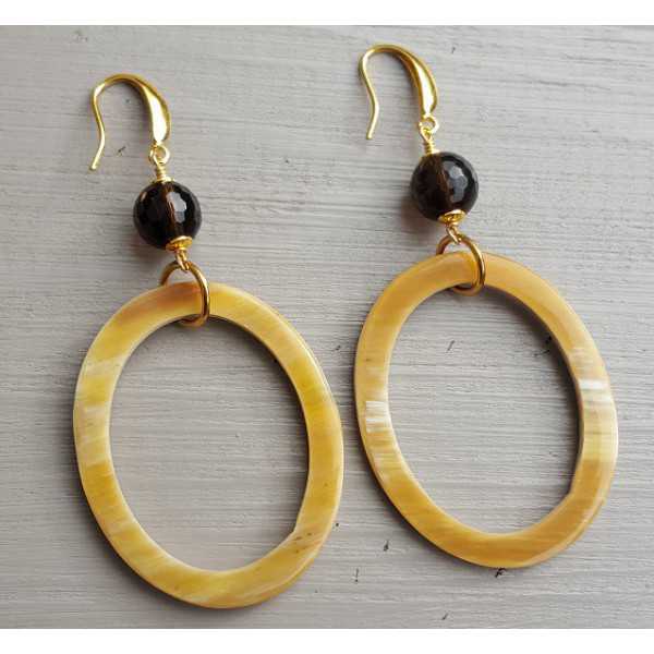 Earrings with Smokey Topaz and oval ring from buffalo horn