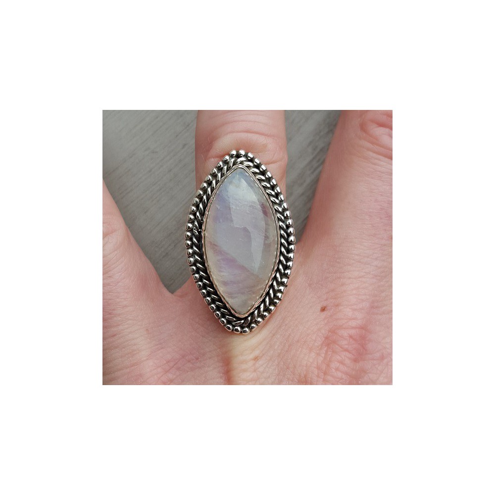 Silver ring set with marquise cabochon Moonstone 16.5 mm