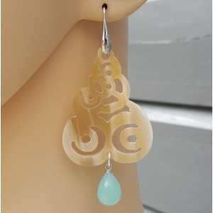 Silver earrings with buffalo horn and aqua Chalcedony briolet