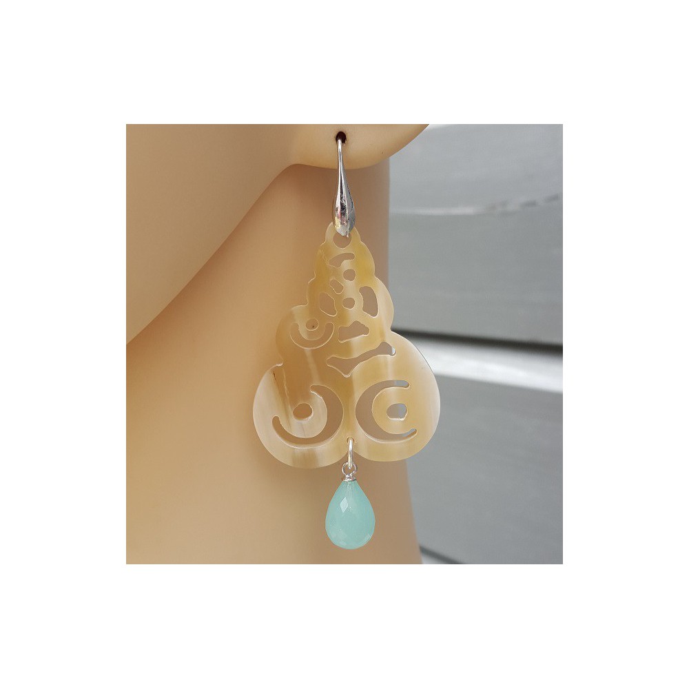 Silver earrings with buffalo horn and aqua Chalcedony briolet