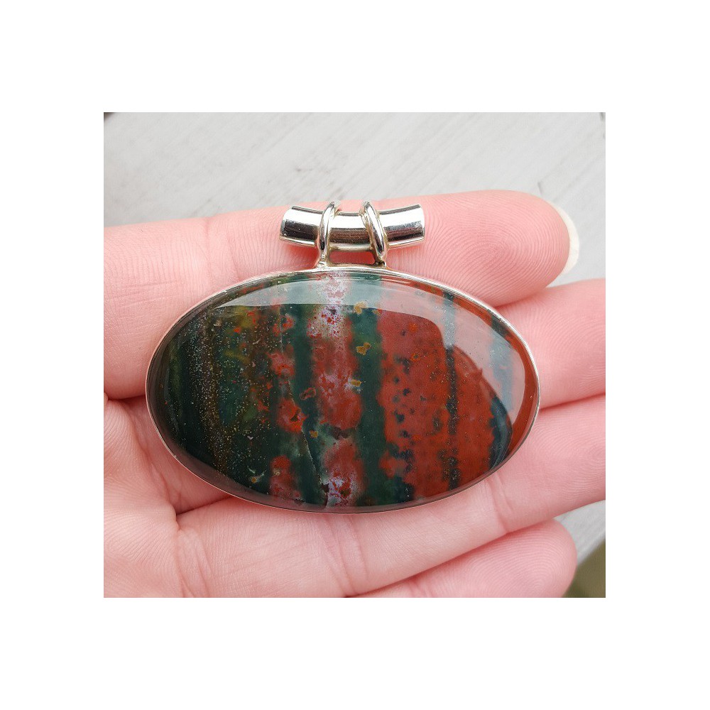 Silver pendant with traverse oval cabochon Bloodstone