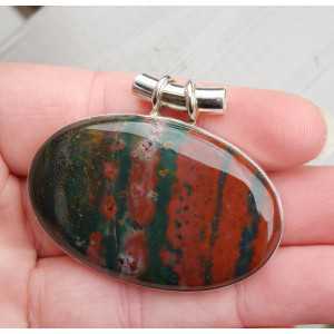 Silver pendant with traverse oval cabochon Bloodstone