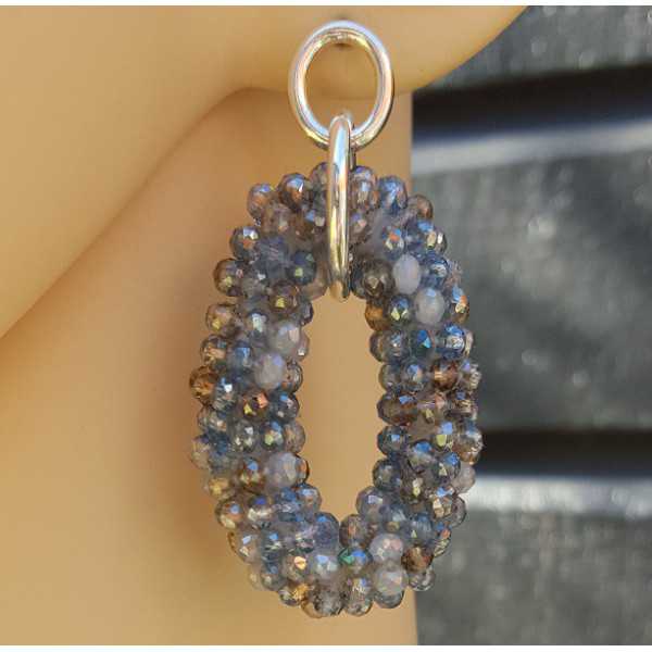Silver earrings with oval pendant, blue / grey crystals