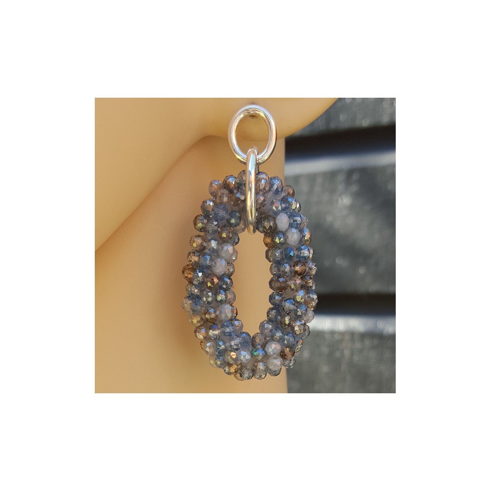 Silver earrings with oval pendant, blue / grey crystals