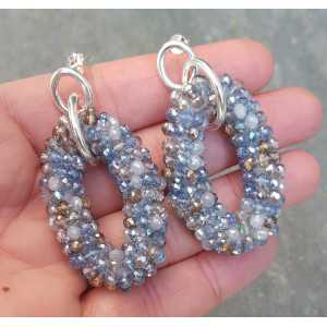 Silver earrings with oval pendant, blue / grey crystals