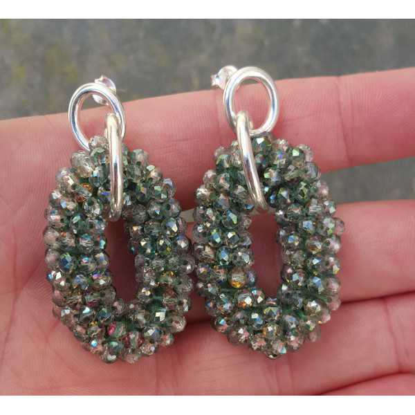 Silver earrings with green crystal oval pendant