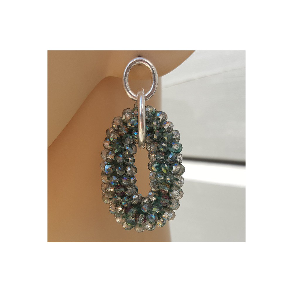 Silver earrings with green crystal oval pendant